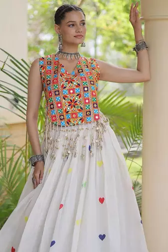 Navratri White Cotton Poly Embroidered Lehenga Choli
