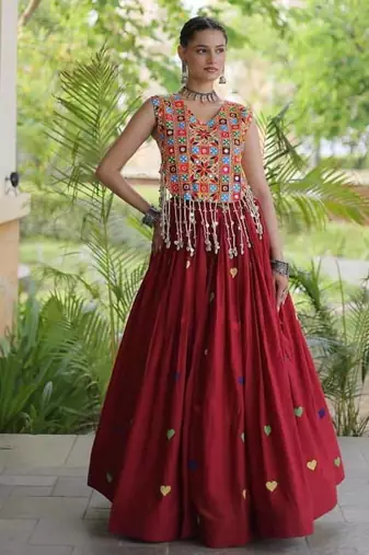 Navratri Maroon Cotton Poly Embroidered Lehenga Choli