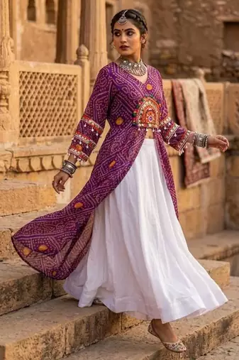 white rayon plain patch work a line lehenga Lehenga Choli for Navratri