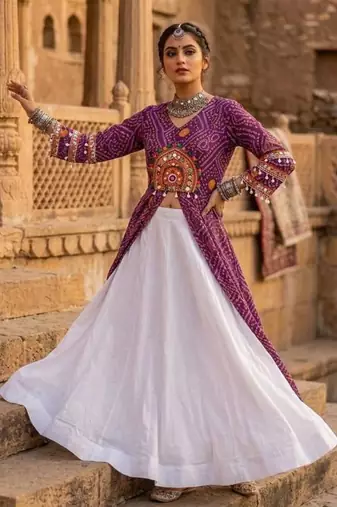 white rayon plain patch work a line lehenga Lehenga Choli for Navratri