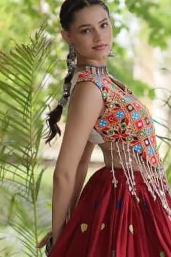 Navratri Maroon Cotton Poly Embroidered Lehenga Choli