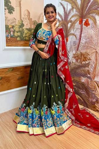 dark green embroidered rayon lehenga choli full stitched