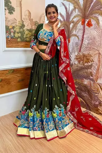 Navratri Dark Green Rayon Embroidered Lehenga Choli - full stitched free size
