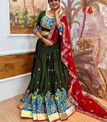 Navratri Dark Green Rayon Embroidered Lehenga Choli - full stitched free size