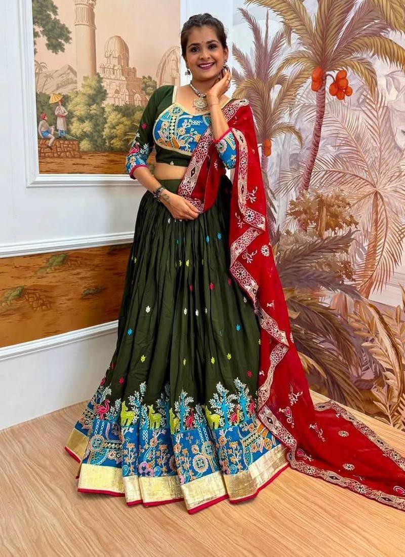 Navratri Dark Green Rayon Embroidered Lehenga Choli - full stitched free size