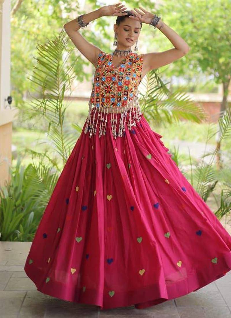 Navratri Rani Pink Cotton Poly Embroidered Lehenga Choli