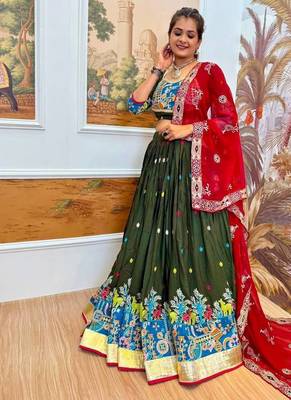 Navratri Dark Green Rayon Embroidered Lehenga Choli - full stitched free size 2