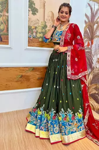 Navratri Dark Green Rayon Embroidered Lehenga Choli - full stitched free size