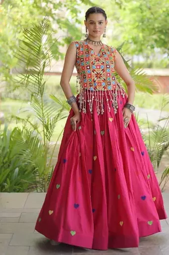 Navratri Rani Pink Cotton Poly Embroidered Lehenga Choli