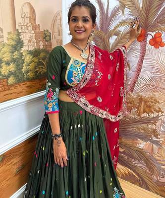 Navratri Dark Green Rayon Embroidered Lehenga Choli - full stitched free size 3