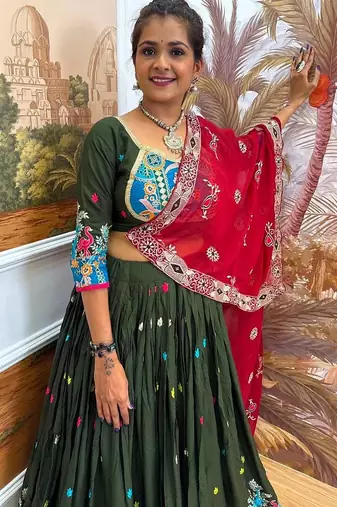 Navratri Dark Green Rayon Embroidered Lehenga Choli - full stitched free size