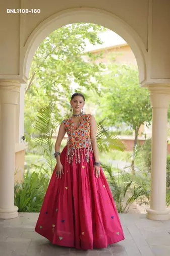 Navratri Rani Pink Cotton Poly Embroidered Lehenga Choli