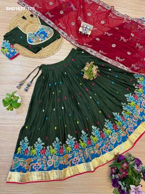 Navratri Dark Green Rayon Embroidered Lehenga Choli - full stitched free size 4