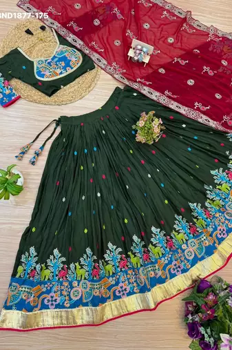 Navratri Dark Green Rayon Embroidered Lehenga Choli - full stitched free size