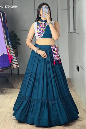 teal blue cotton-poly plain mirror work circular lehenga Lehenga Choli for Navratri