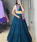 teal blue cotton-poly plain mirror work circular lehenga Lehenga Choli for Navratri