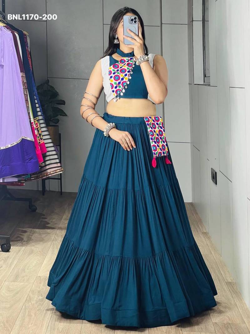 teal blue cotton-poly plain mirror work circular lehenga Lehenga Choli for Navratri