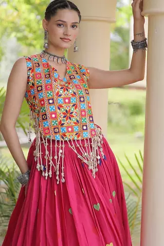Navratri Rani Pink Cotton Poly Embroidered Lehenga Choli