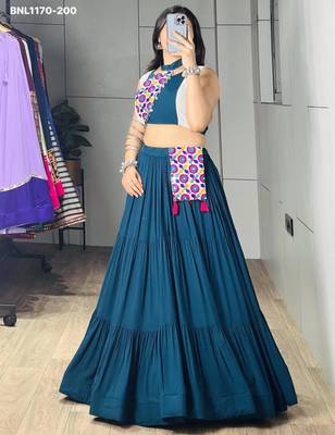 teal blue cotton-poly plain mirror work circular lehenga Lehenga Choli for Navratri 2