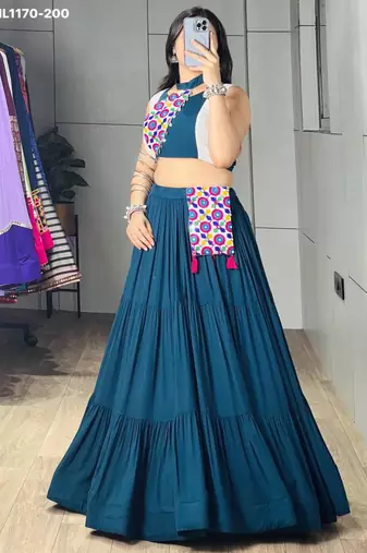 teal blue cotton-poly plain mirror work circular lehenga Lehenga Choli for Navratri
