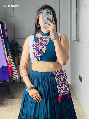 teal blue cotton-poly plain mirror work circular lehenga Lehenga Choli for Navratri 3