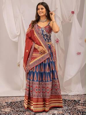 blue crepe printed digital print circular lehenga Lehenga Choli for Navratri - full stitched free size 1
