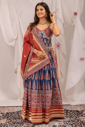 blue crepe printed digital print circular lehenga Lehenga Choli for Navratri - full stitched free size