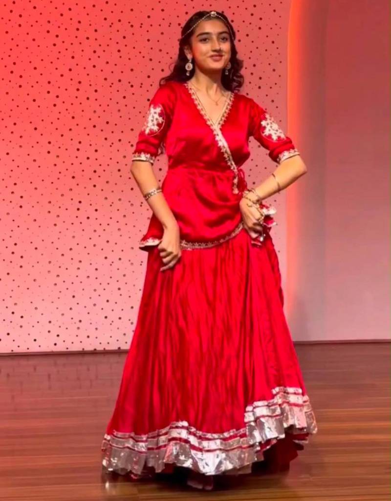 red silk blend plain zari circular lehenga Lehenga Choli for Navratri