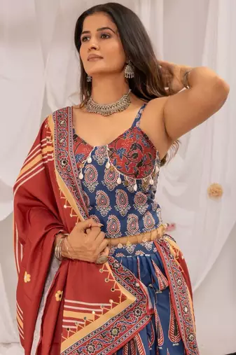 blue crepe printed digital print circular lehenga Lehenga Choli for Navratri - full stitched free size