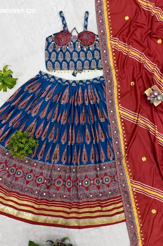 blue crepe printed digital print circular lehenga Lehenga Choli for Navratri - full stitched free size