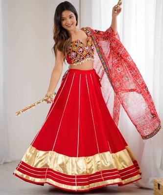 red rayon plain digital print circular lehenga Lehenga Choli for Navratri - full stitched free size 1