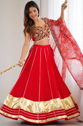 red rayon plain digital print circular lehenga Lehenga Choli for Navratri - full stitched free size