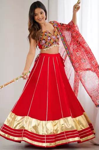 red rayon plain digital print circular lehenga Lehenga Choli for Navratri - full stitched free size
