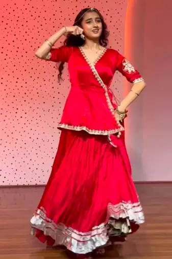 red silk blend plain zari circular lehenga Lehenga Choli for Navratri