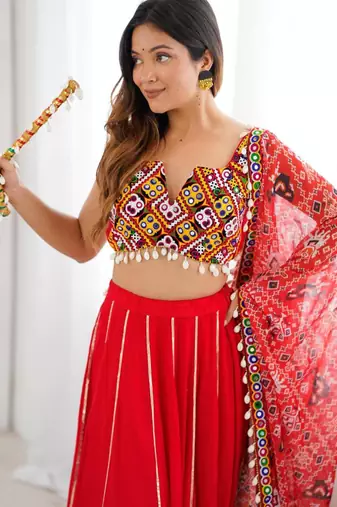 red rayon plain digital print circular lehenga Lehenga Choli for Navratri - full stitched free size