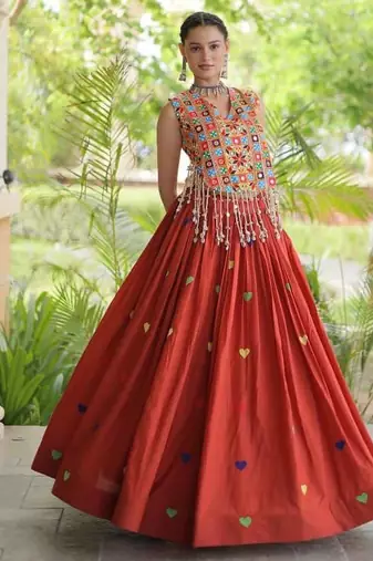 Navratri Orange Cotton Poly Embroidered Lehenga Choli