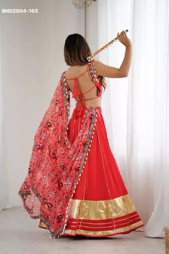 red rayon plain digital print circular lehenga Lehenga Choli for Navratri - full stitched free size