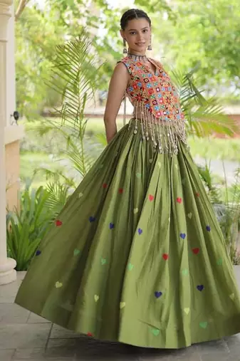 Navratri Green Cotton Poly Embroidered Lehenga Choli