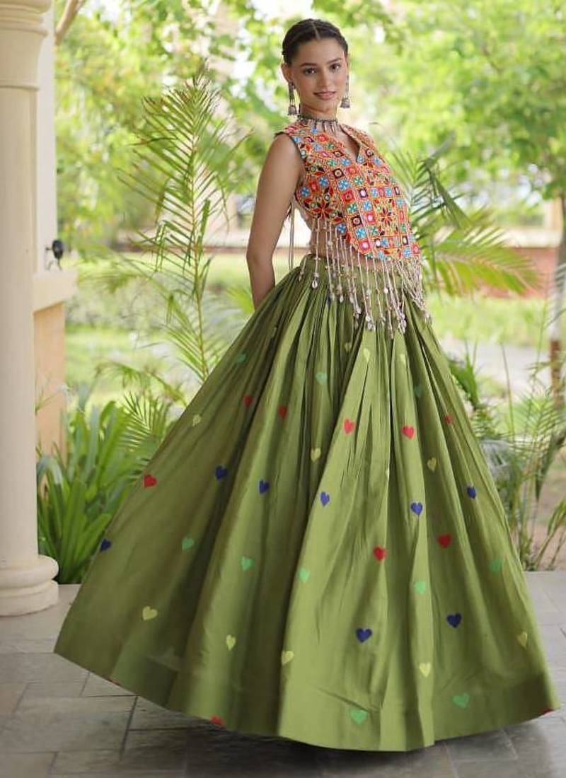 Navratri Green Cotton Poly Embroidered Lehenga Choli