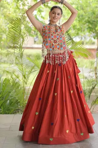 Navratri Orange Cotton Poly Embroidered Lehenga Choli