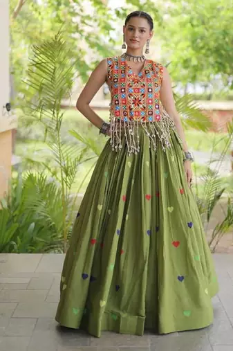 Navratri Green Cotton Poly Embroidered Lehenga Choli