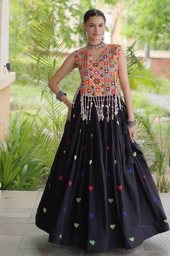 Navratri Black Cotton Poly Embroidered Lehenga Choli