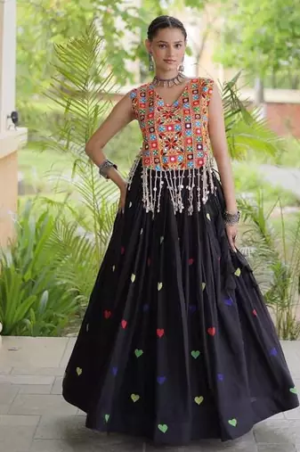Navratri Black Cotton Poly Embroidered Lehenga Choli