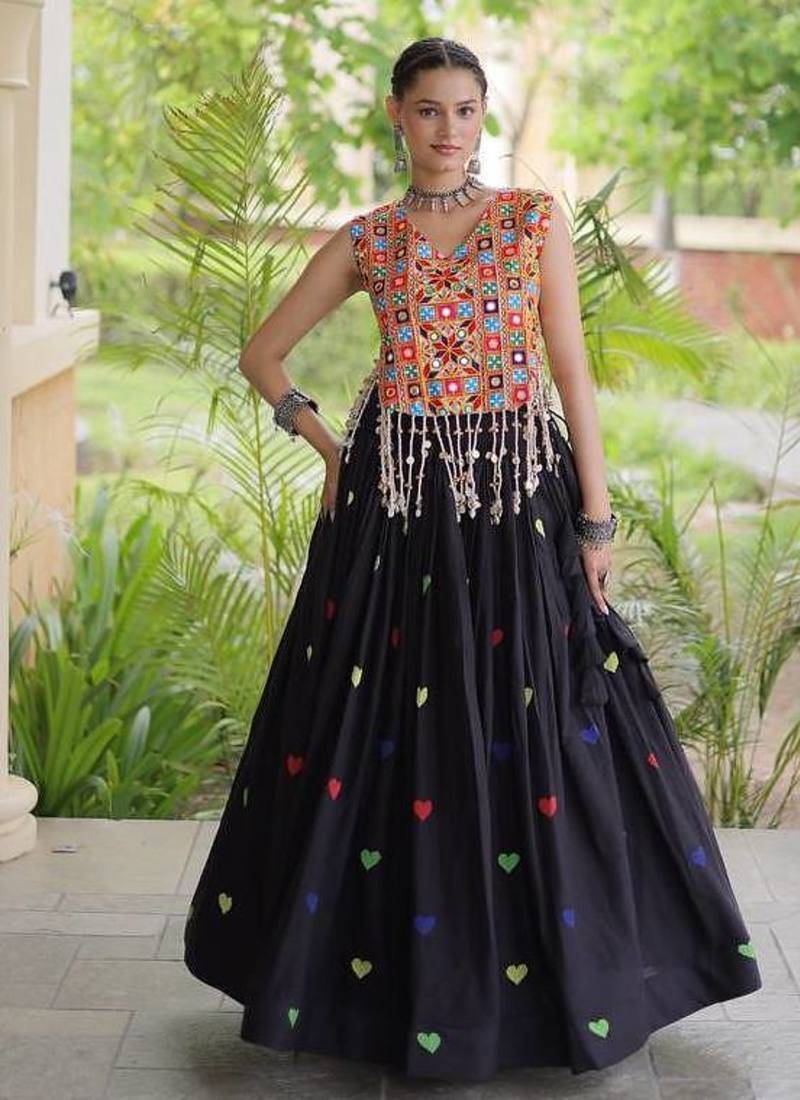 Navratri Black Cotton Poly Embroidered Lehenga Choli