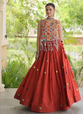 Navratri Orange Cotton Poly Embroidered Lehenga Choli 4
