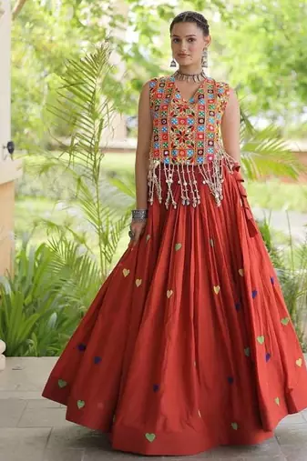 Navratri Orange Cotton Poly Embroidered Lehenga Choli