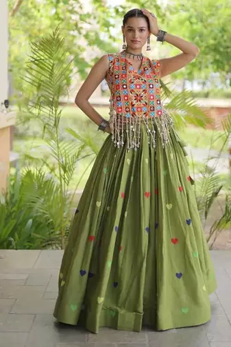 Navratri Green Cotton Poly Embroidered Lehenga Choli