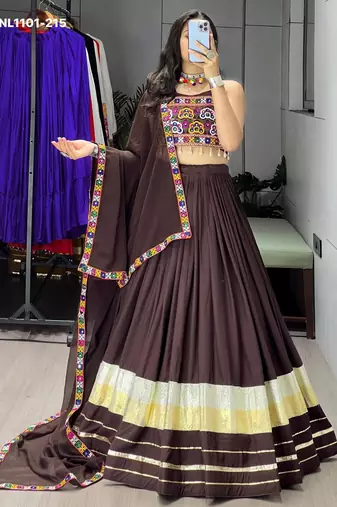 Navratri Brown Cotton Poly Plain Lehenga Choli