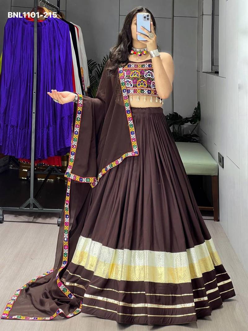 Navratri Brown Cotton Poly Plain Lehenga Choli