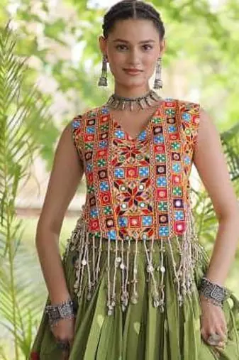 Navratri Green Cotton Poly Embroidered Lehenga Choli